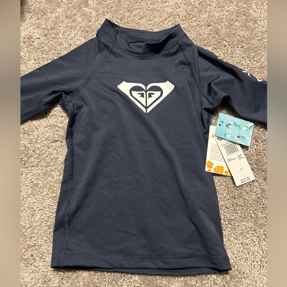 Roxy Whole Hearted Short Sleeve Rash Guard Girls BLUE WHITE UPF 50+